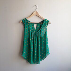 REAL APPEAL Open Back Blouse with Keyhole Detail in Green with Orange Polka Dots